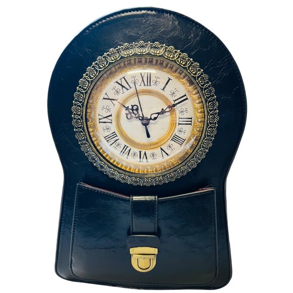 Unbranded Handbags - Real Working Clock Black Faux Leather Backpack With Gold Accents Adj Straps